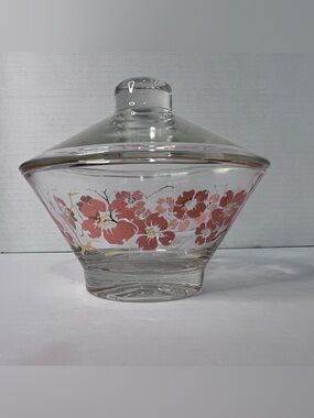 Vintage Mid Century Modern Glass Dip Bowl AND Lid - Pink Flowers Cherry Blossoms